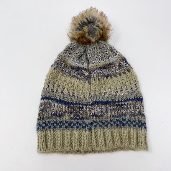 Boutique Striped Knit Beanie Hat with Pom Pom Cream Blue Button Detail - Picture 2 of 6